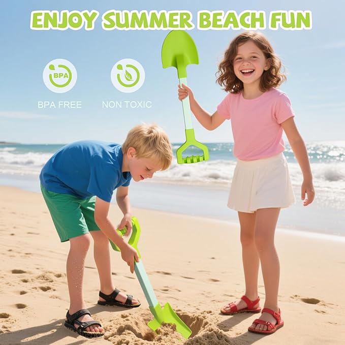 20” Long Sand Beach Shovels for Kids Heavy Duty Plastic Summer Sand Scoops Spades Toy Sandbox Garden Snow Digging Play Gift Set Party Bundle 2 Pack Green