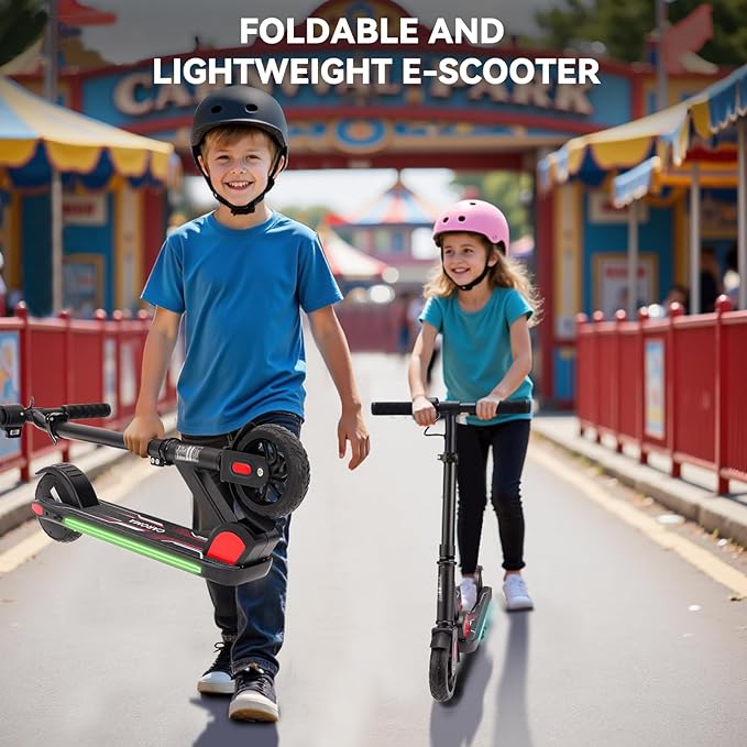 Caroma Electric Scooter for Kids Ages 6-14, 150W/180W Motor,10 MPH Max Speed & 7 Miles,Adjustable Height & Speed,Colorful Lights,LED Display,Foldable Kids Electric Scooter 132 Lbs Max Load