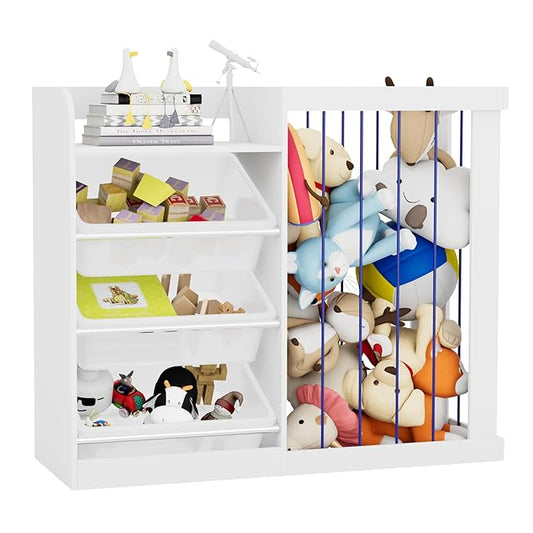 Naches Kids Toy Organizer and 4-Tier Montessori Bookshelf with 3 Bins, 3-in-1 Toy Shelves and Stuffed Animal Storage for Playroom, Nursery, Baby Room (White)