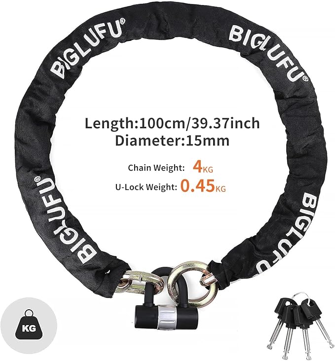 BIGLUFU Motorcycle Chain Lock 100cm/3.3ft Heavy Duty Bike Chain Lock Anti-Theft Durable Cut Proof 14mm Thick Security Bicycle Chain with 4Keys 16mm U Lock for Moped,Scooter,Motorcycles