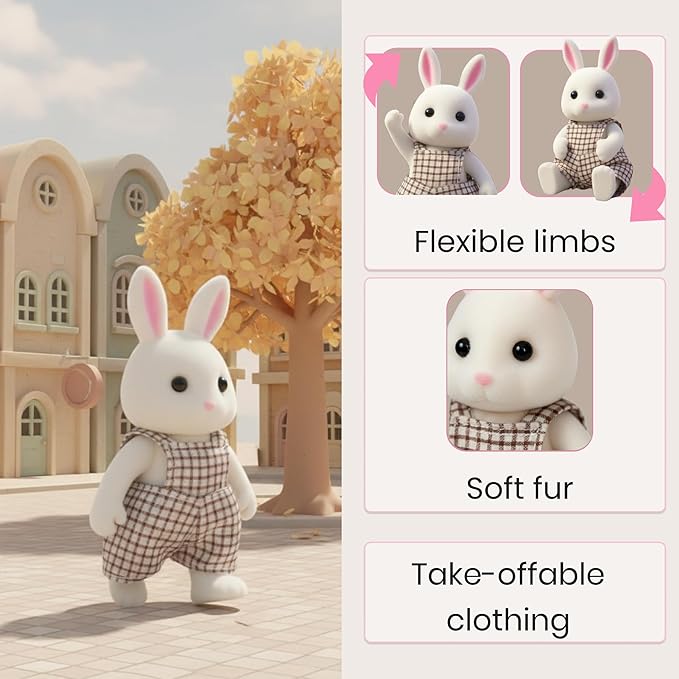 Family White Rabbit Figures — Set of 2 Collectible Flocked Mini Dolls with Removable Clothes, Miniature Dollhouse Pretend Play Figures for Kids Ages 3+