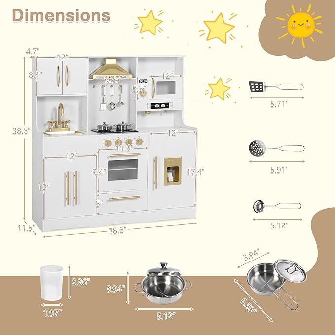 Kids Kitchen Playset, Wooden Play Kitchen with Toy Storage System, Pretend Play Kitchen Set Toy with Range Hood, Ice Maker & Coffee Maker, for Kids Ages 3+, White