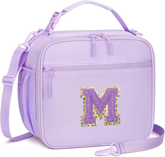 Kids Initial Lunch Bag, Reusable Insulated Lunch Box for Girls Toddlers, Back to School Gift, Leak-proof Cooler Bag for School Daycare Travel Picnic, Purple-M