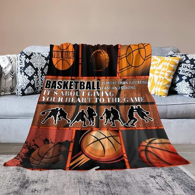 Personalized Basketball Blanket for Girls, Custom Basketball Gifts with Name for Boys, Sport Throw Blankets for Team, Kids Throws for Living Room (60x80 Inch)