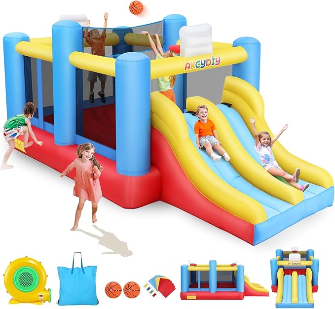 AKEYDIY Inflatable Bounce House with Dual Racing Slides – Large Bounce Area, Basketball Hoop, Removable Volleyball Net | Heavy-Duty for Outdoor Fun | Includes 550W Blower Kids Party