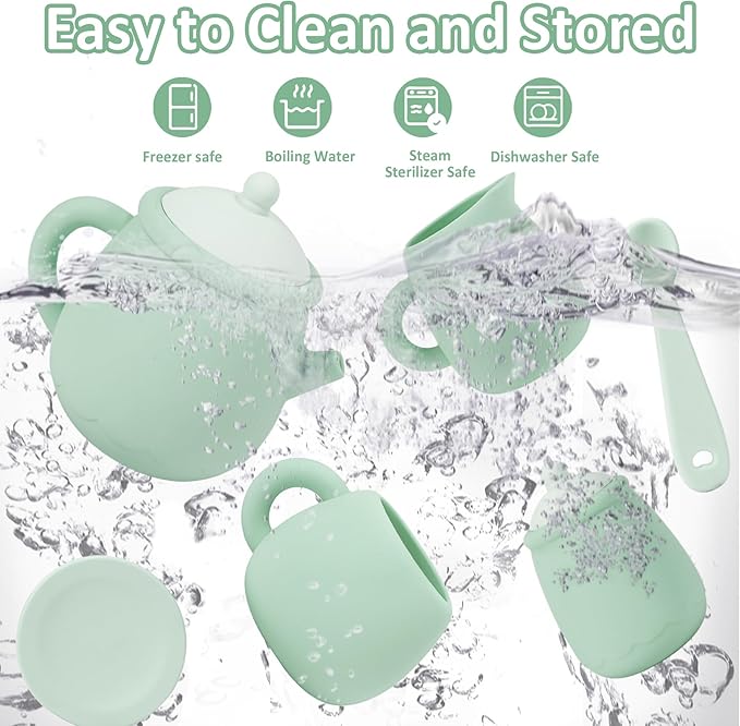 MCGMITT Silicone Tea Set, Tea Party Set for Little Girls Boys, 15 Pcs BPA Free Dishwasher Safe Pretend Tea Set for Toddlers Kids Age 3-6, Cute Toy Kitchen Accessories for Children Birthday Gifts