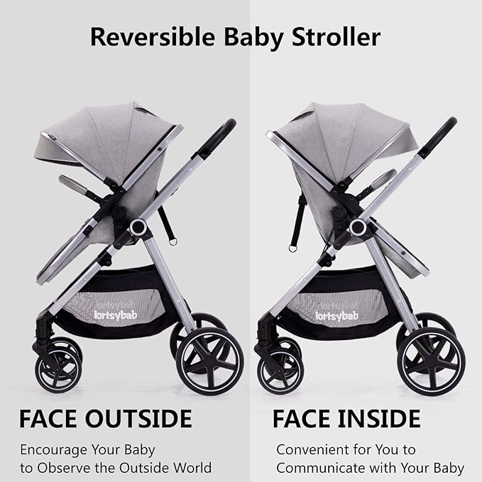 2-in-1 Baby Stroller - Folding Infant Newborn Pram Stroller with Reversible Seat - Toddler Strollers for 0-36 Months Old Babies (Grey)