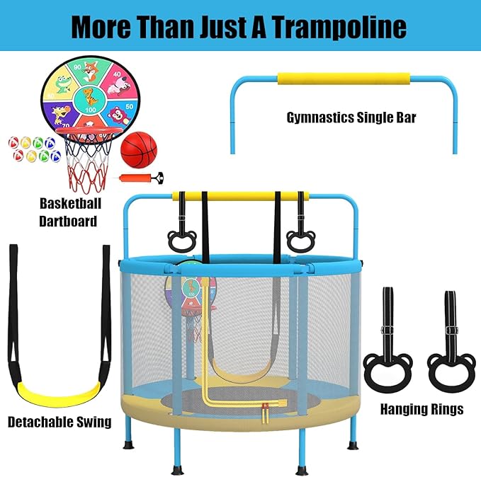 LANGXUN 60" Trampoline for Kids, 5ft Toddler Mini 6-in-1 Trampoline Indoor Outdoor with Swing, Basketball Hoop, Dart Board, Rings, Christmas Toys Birthday Gifts for Girls Boys