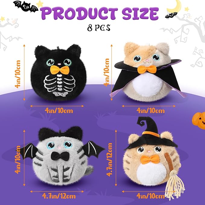 Soulchen 8 Pcs Halloween Stuffed Animal 4 Inch Plush Cat Toys Bulk Mini Halloween Plushies with Keychain Small Kawaii Plush Kitten Characters Trick or Treat Goodie Bag Fillers Party Favors