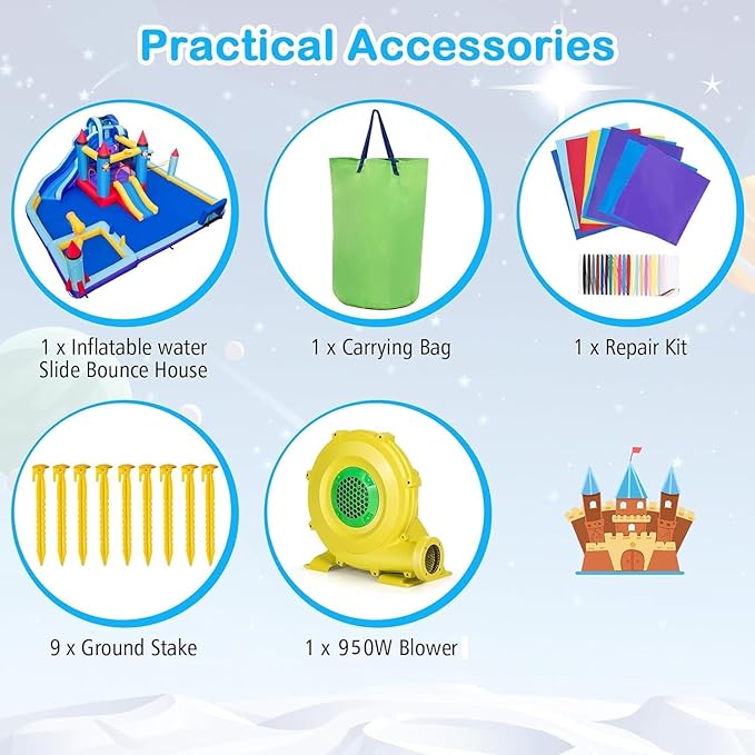 BOUNTECH Inflatable Water Slide, 10-in-1 Water Park Jump Castle for Big Kids 5-12, Water Slides Inflatables w/Huge Splash Pool, Football Gate, Water Bounce House for Kids Outdoor Backyard Party Gifts