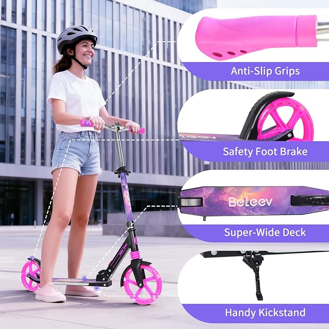 BELEEV V5 Plus Scooters for Kids Ages 6+, Teens with Light-Up Wheels & Deck, 2 Wheel Folding Lightweight Sport Scooter with 4 Adjustable Height, 8-inch Big Wheels, Carry Strap, Max Load 220 lbs