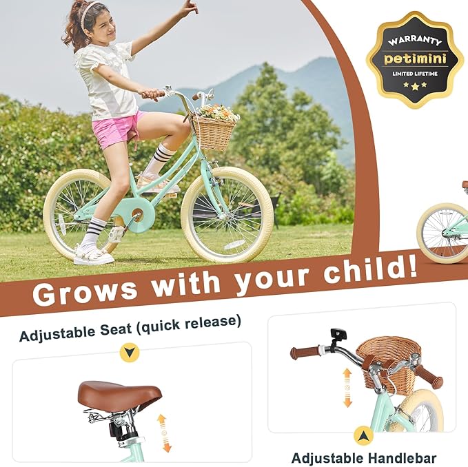 Petimini Girls Bike with Basket for 2-12 Years Old Kids, 12 14 16 18 20 Inch Bicycle with Bell Training Wheels Basket, Multiple Colors