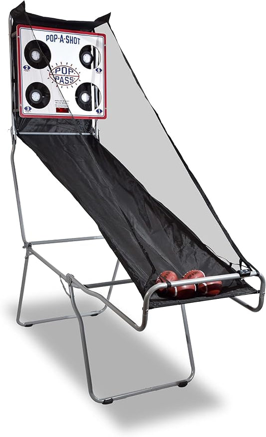 Pop-A-Shot | Official Pop-A-Pass Electronic Arcade Style Football Toss Game | 4 Inflatable Mini Footballs | Foldable, Portable, Tote Bag Included