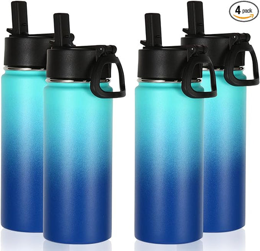 Volhoply 16 OZ Kids Water Bottle Bulk 4 Pack,Insulated Sports Bottles with Straw Lid,Stainless Steel Bottle with Handle Keep Cold & Hot,Double Wall Vacuum Tumbler Cups for School(Green Blue, 4)