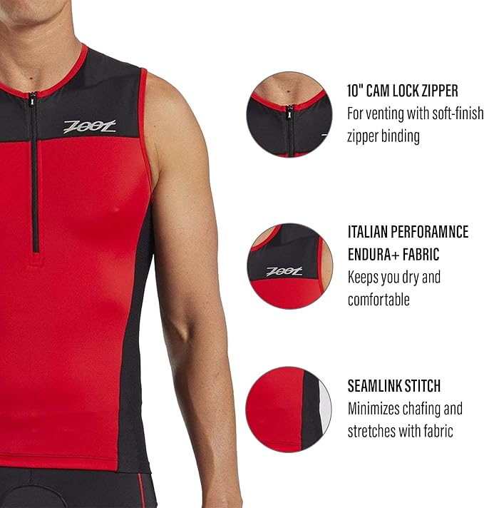 Zoot Men’s Core Tri Tank, Performance Triathlon Race Tank Top, UPF 50+ Fabric, Rear Pockets, Mesh Panels, & Cam Lock Zipper