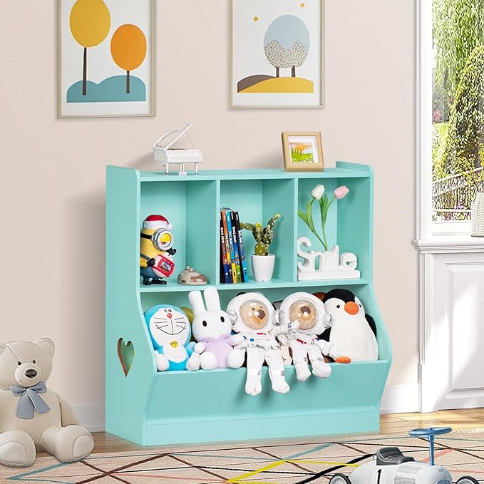 Lerliuo Kids Storage Organizer, Children Small Bookcase and Bookshelf, Toddler 4 Cubby Cabinet, Wood Book Shelf for Playroom, Bedroom, Living Room, Nursery, School 30.51'' H (Green)