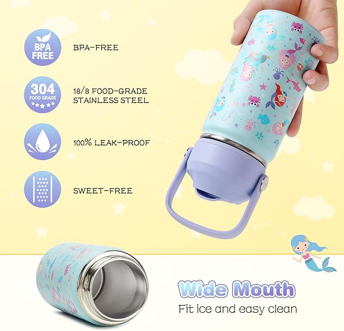 14oz Kids Insulated Water Bottle with Straw Lid - 18/8 Stainless Steel Kid Cup Travel Tumbler Double Wall Vacuum Leak Proof Portable Toddler Water Bottle (Rainbow + Mermaid)