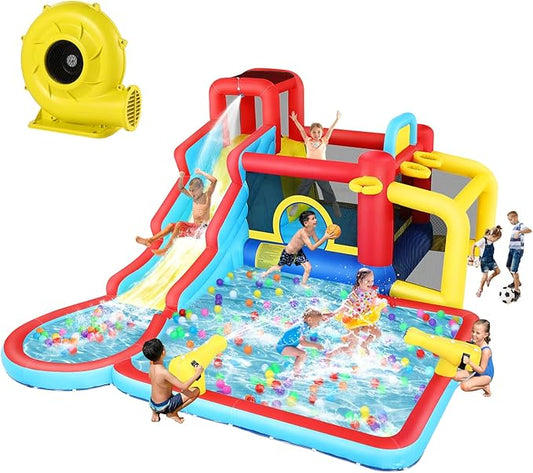 Inflatable Water Slide for Kids, 10-in-1 Water Bounce House Backyard Waterpark with Long Water Slide & Large Splash Pool Wet Dry Combo for Kids Outdoor Party Gifts, Includes 620w Blower