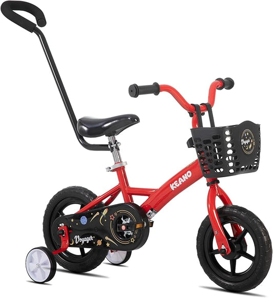 KEANO Voyager 10 12 Inch Kids Bike for Boys and Girls Ages 1-4 Years, Toddler Bike with Training Wheels & Basket, Detachable Parent Push Handle, Children Bicycle
