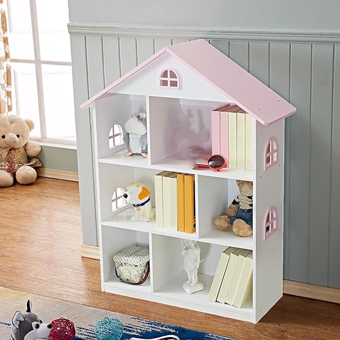 Wooden Dollhouse Bookshelf 4-Tier Kids Bookcase, Toy Storage Organizer & Playhouse with 6 Compartments for Girls Boys, Pink and White Room Furniture for Bedroom Playroom