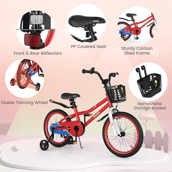 BABY JOY Kids Bike, 12 14 16 18 Inch Children Bikes for Boys Girls Age 3-8 Years w/Training Wheels, Handbrake, Coaster Brake & Removable Basket, Kids Bicycle of Multiple Colors