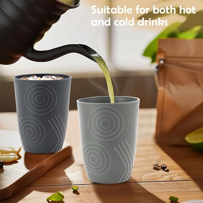 6 Pack Wheat Straw Cups 12 oz, Plastic Cups Reusable Drinking Glasses, Small Kids Cup, Unbreakable Water Tumblers Set Kitchen Cup Dishwasher Safe (Black, Grey)