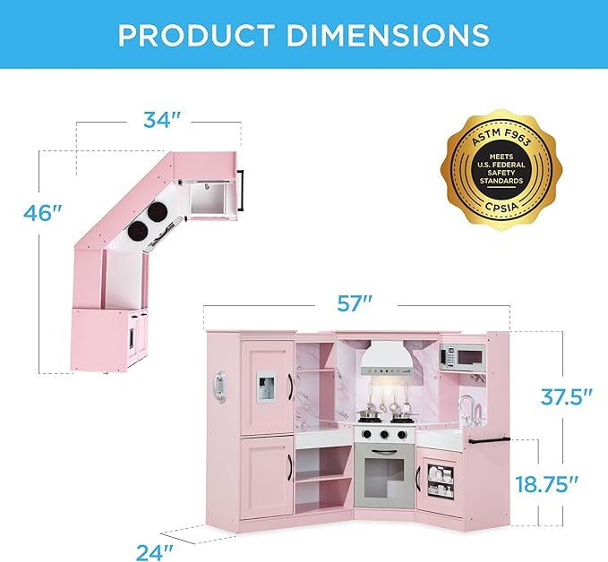 Best Choice Products Pretend Play Corner Kitchen, Ultimate Interactive Wooden Kids Playset w/Lights & Sounds, Ice Maker, Hood - Pink