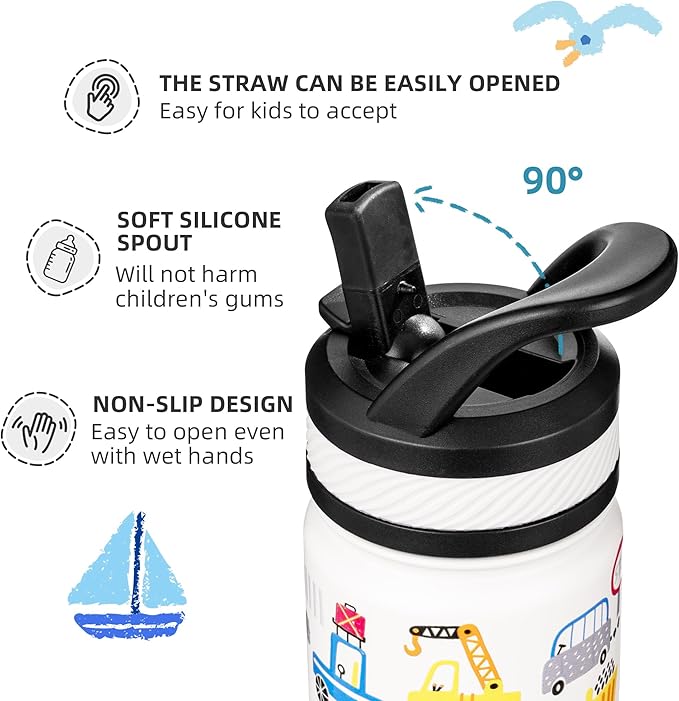 Fanhaw 14 Oz Kids Insulated Water Bottle with Straw - Stainless Steel Double Wall Vacuum Cup, Leakproof, BPA Free, Suitable for Boys and Girls(White - Heavy Traffic)