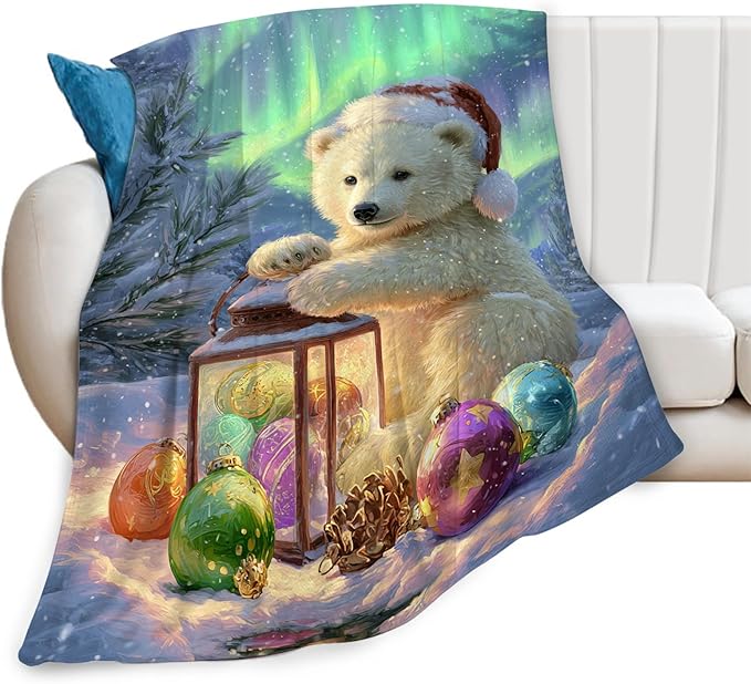 Christmas Polar Bear Blanket White Bear Winter Aurora Throw Blankets Gifts for Girls Boys Kids Animal Lovers Soft Cozy Fleece Plush for Couch Sofa Bed 50"x40"