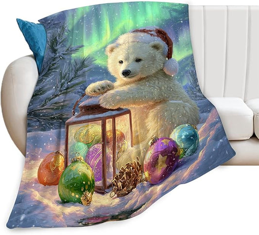 Christmas Polar Bear Blanket White Bear Winter Aurora Throw Blankets Gifts for Girls Boys Kids Animal Lovers Soft Cozy Fleece Plush for Couch Sofa Bed 50"x40"