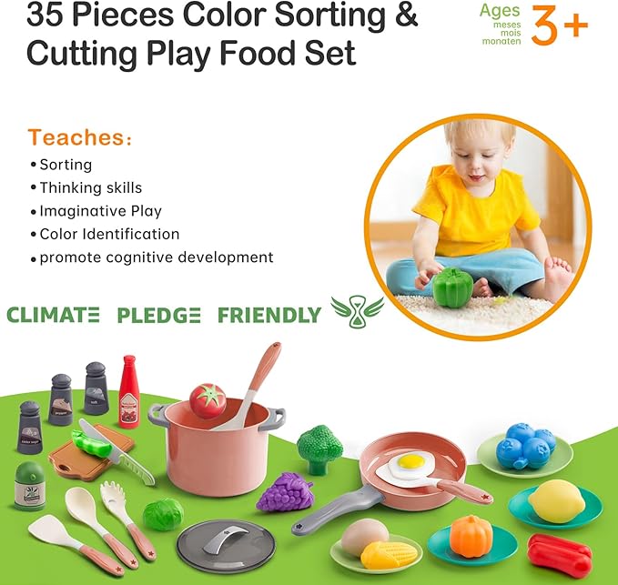 35Pcs Kids Kitchen Toy Accessories, Toddler Pretend Cooking Playset with Play Pots, Pans, Utensils, Cookware, Play Food Set, Toy Vegetables, Learning Gift for Girls & Boys (Pink)