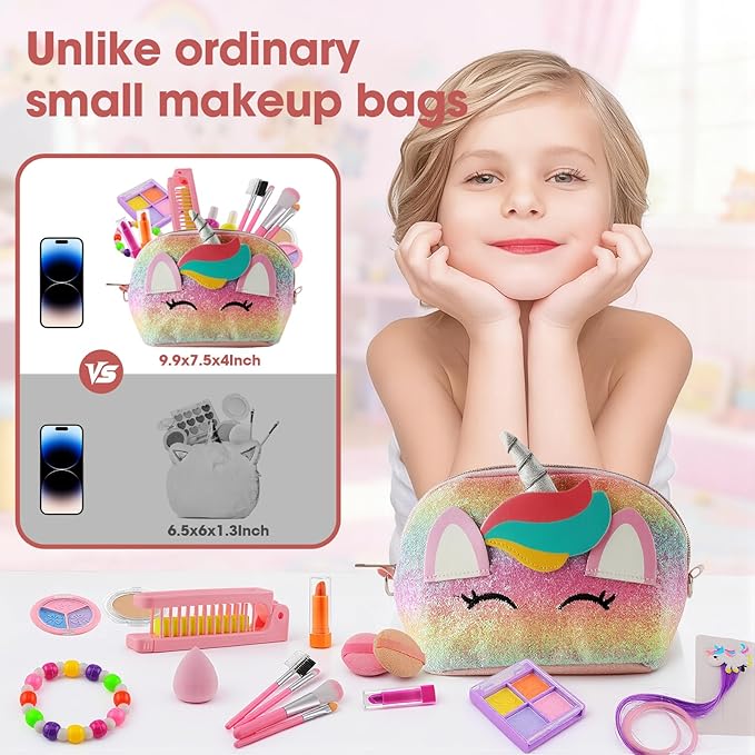 21 Pcs Kids Makeup Kit for Girls with Large Unicorn Travel Makeup Organizer, Washable Pretend Cosmetic Play Set with Portable Vanity Makeup Bag, Princess Make Up Gifts for Girls Ages 3+