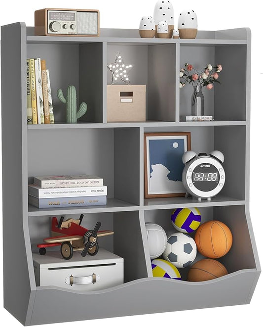 Three-Tier Kids Bookshelf and Toy Storage Organizer, Multi-Functional Bookcase with 5 Open Cubbies and 2 Tilted Boxes for Books, Toys, and Decor, Sturdy Cabinet for Nursery, Playroom, or Classr