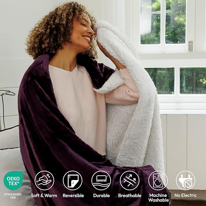 NANPIPER Sherpa Blanket Twin Size for Couch, Warm and Lightweight Throw, Soft Fuzzy Plush Fleece for Winter, Plum Purple 60x80 Inches