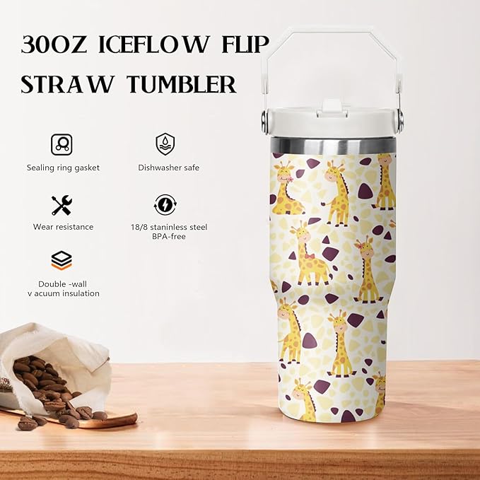 30 oz Giraffe Tumbler with Lid and Flip Straw, Stainless Steel Cup, Coffee Travel Mug, Giraffe Gifts, Decor Accessories