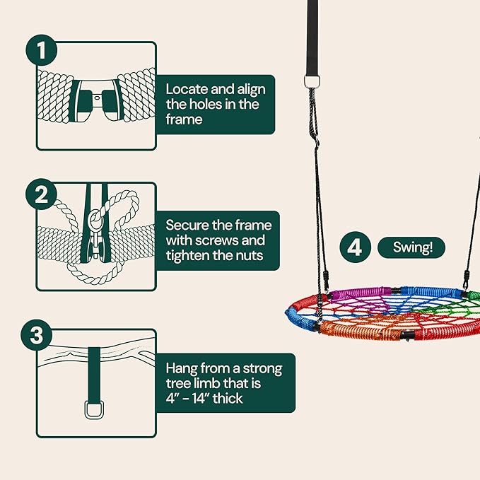 PLAYVIBE Spider Web Tree Swing - 40 in Multicolor Saucer Swing - 440 lb Capacity with Hanging Straps & Carabiners - Weather-Resistant Outdoor Play for Kids & Toddlers - Fits Trees, Playsets & Gyms