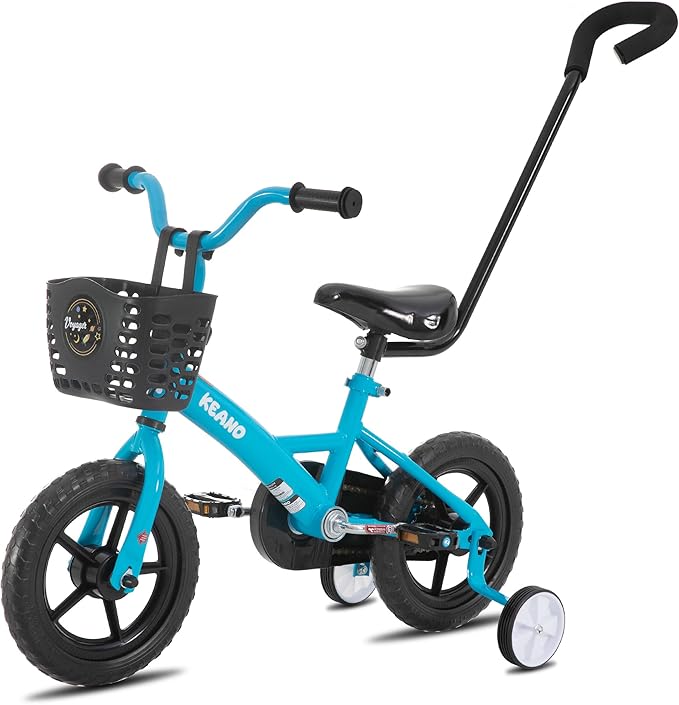 KEANO Voyager 10 12 Inch Kids Bike for Boys and Girls Ages 1-4 Years, Toddler Bike with Training Wheels & Basket, Detachable Parent Push Handle, Children Bicycle