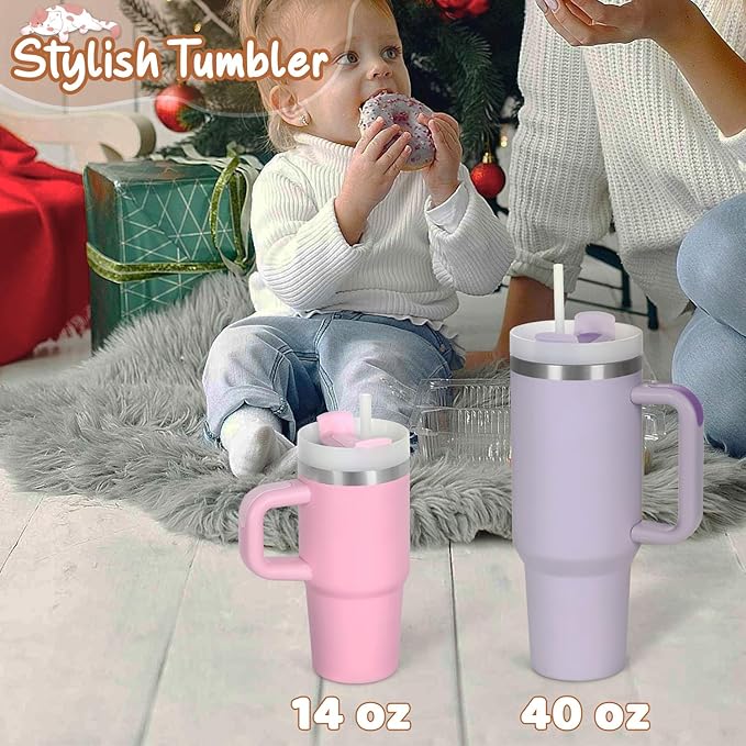 Cosictic 14 Oz Tumbler with Handle and Straw for Kids, Stainless Steel Double Wall Vacuum Insulated Cup for Children, 2 Pack 14 Oz Cups for Kids (Pink and Hot Pink)
