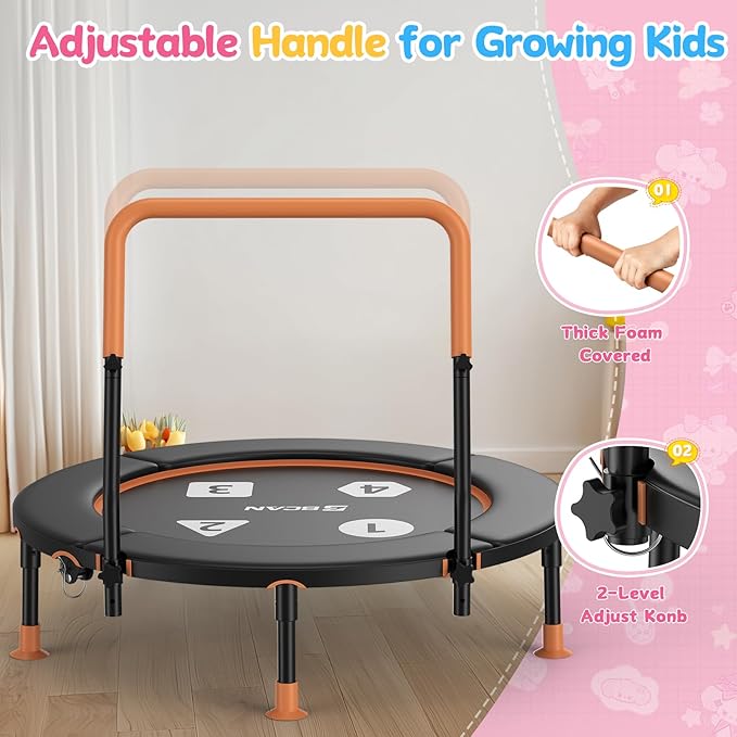 BCAN 36'' Toddler Trampoline, ASTM Certified-Foldable Mini Trampolines for Kids Ages 1-6, Adjustable Handle, Safety Pad & Foldable Legs, Baby Trampoline Indoor/Garden, Gift for Boy and Girl
