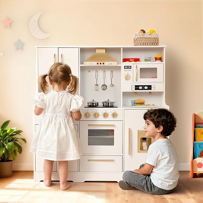 Kinder King Wooden Kids Play Kitchen, Toy Kitchen Playset for Toddler, Play Kitchen Set w/Real Sounds, Pretend Coffee Machine, Kitchen Hood, Sink, Ice Maker, Gift for Boys Girls Age 3+, White