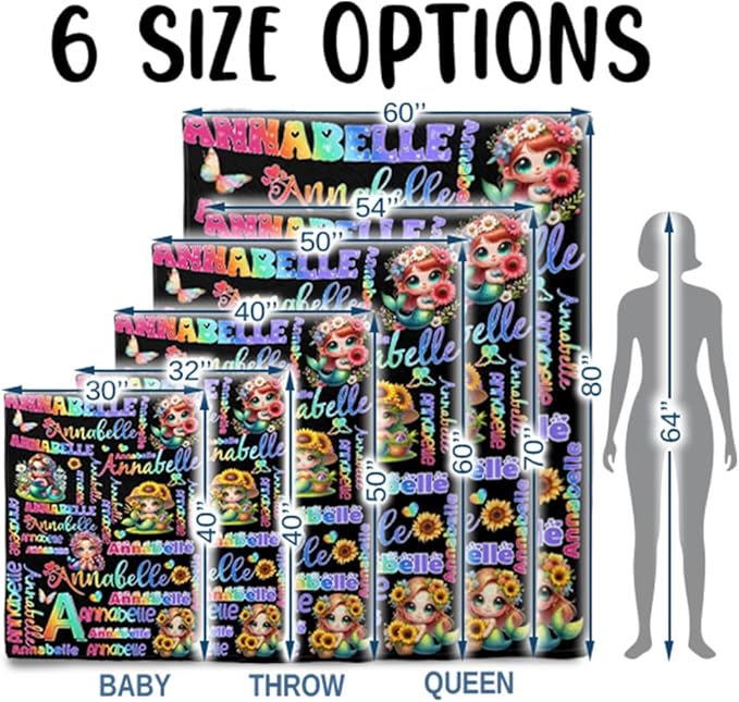 Custom Girl Blanket with Name Personalized Cute Pink Princess Blanket for Newborn Customized Soft Flannel Throw Blanket Memorial Gift for Toddler on Birthday Baby Shower Christmas (Mermaid-4)