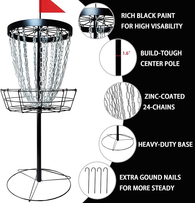 Disc Golf Basket - Portable Disc Golf Target with Heavy Duty 24-Chains Come with 6pcs Disc Golf Discs and Carry Bag, Ground Stake -Suitable for Players of All Levels - Multi Color Available
