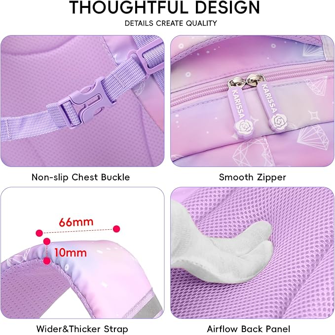 Tanou Backpack with Lunch Box for Girls, Kawaii Set School Bag for Kid Elementary Middle School, Aesthetic Laptop Bookbag Lightweight, Purple