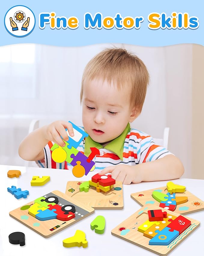 Yetonamr Wooden Toddler Puzzles Gifts Toys for Boys Girls, 4 Vehicle Shape Montessori Toy Educational Blocks Kids Toys Gift Baby Learning Toy