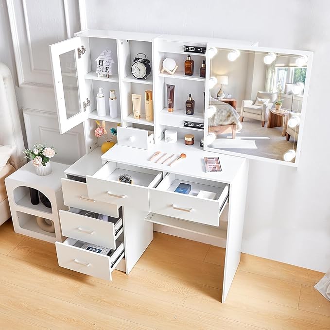 Large Vanity Desk with LED Lighted Mirror, 6 Drawers, 1 Door Cabinets, 6 Oppen and Hidden Shelves Makeup Table with Brightness Adjustable, Dressing Vanity Set for Girls