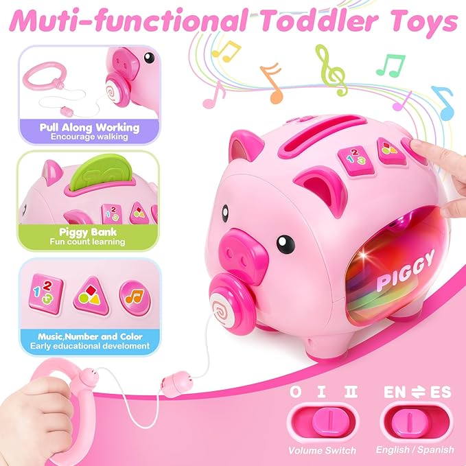 Piggy Bank for Kids, Toddler Toys for 1 Year Old Girl, Musical Number Counting & Color Learning Coin Bank, Baby 6-9-12-18 Months Interactive Toys, Christmas Birthday Gifts for Kids Girls Boys Age 1-3