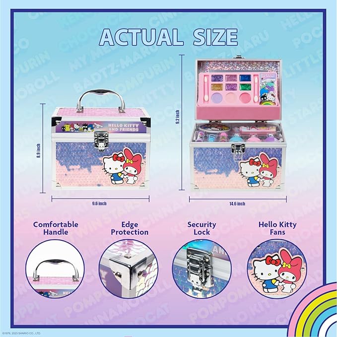 Hello Kitty & Friends Train Case Beauty Set, Kids Makeup Kit for Girls, Real Washable Makeup Set, Play Makeup, Party Favor, Birthday, Ages 3 4 5 6 7 8 9 10 11 12 by Townley Girl