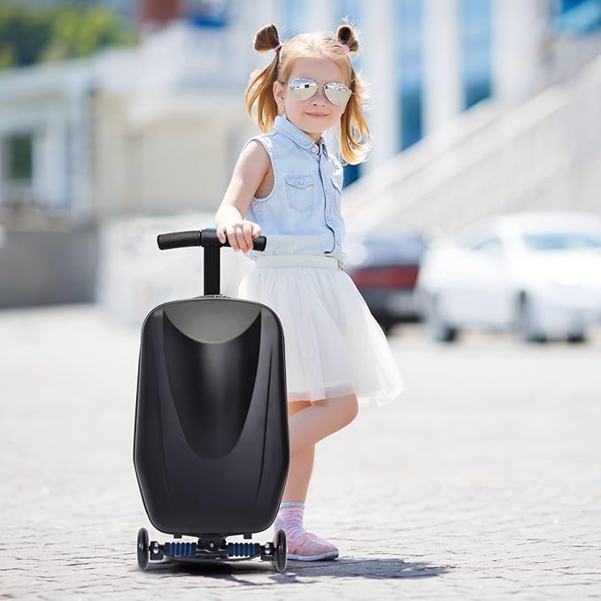 20" Scooter Suitcase for Kids, 2-in-1 Ride On Luggage with Wheels for Boys & Girls Ages 4-15, Foldable Hardshell Carry On Lightweight Travel Suitcase for Airplane