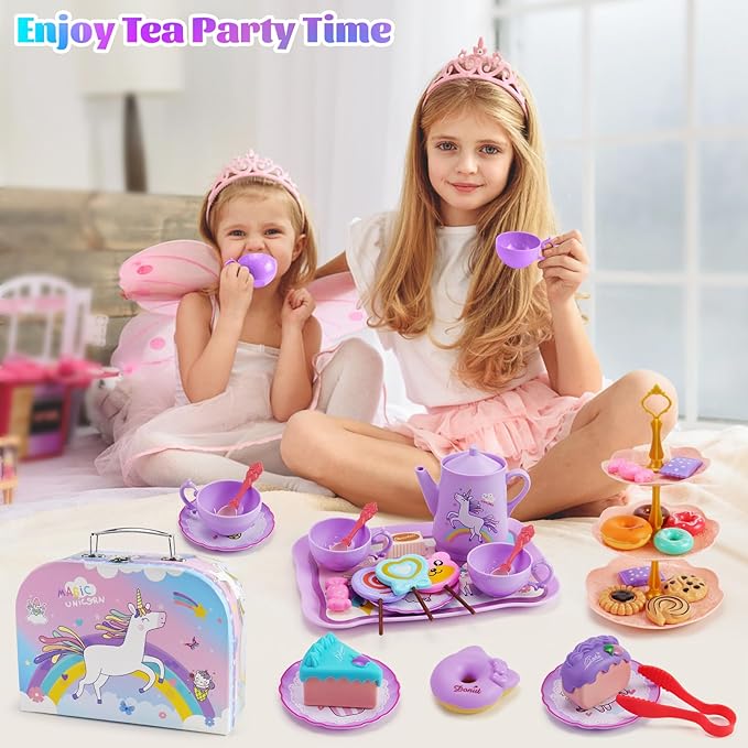 Motiloo 44Pcs Unicorn Tea Party Set for Little Girls - Kid Plastic Tea Party Set Princess Tea Time Pretend Play Tea Set Toys with Carrying Case