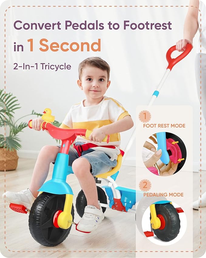 KRIDDO 2 in 1 Kids Tricycles Age 18 Month to 3 Years, Gift Toddler Tricycles for 2-3 Year Olds, Trikes for Toddlers with Push Handle and Duck Bell (Classic, EVA Wheel)